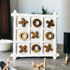 Ceramic Tic Tac Toe Game Faux Bamboo Board With Acacia Wood Pieces, Decor