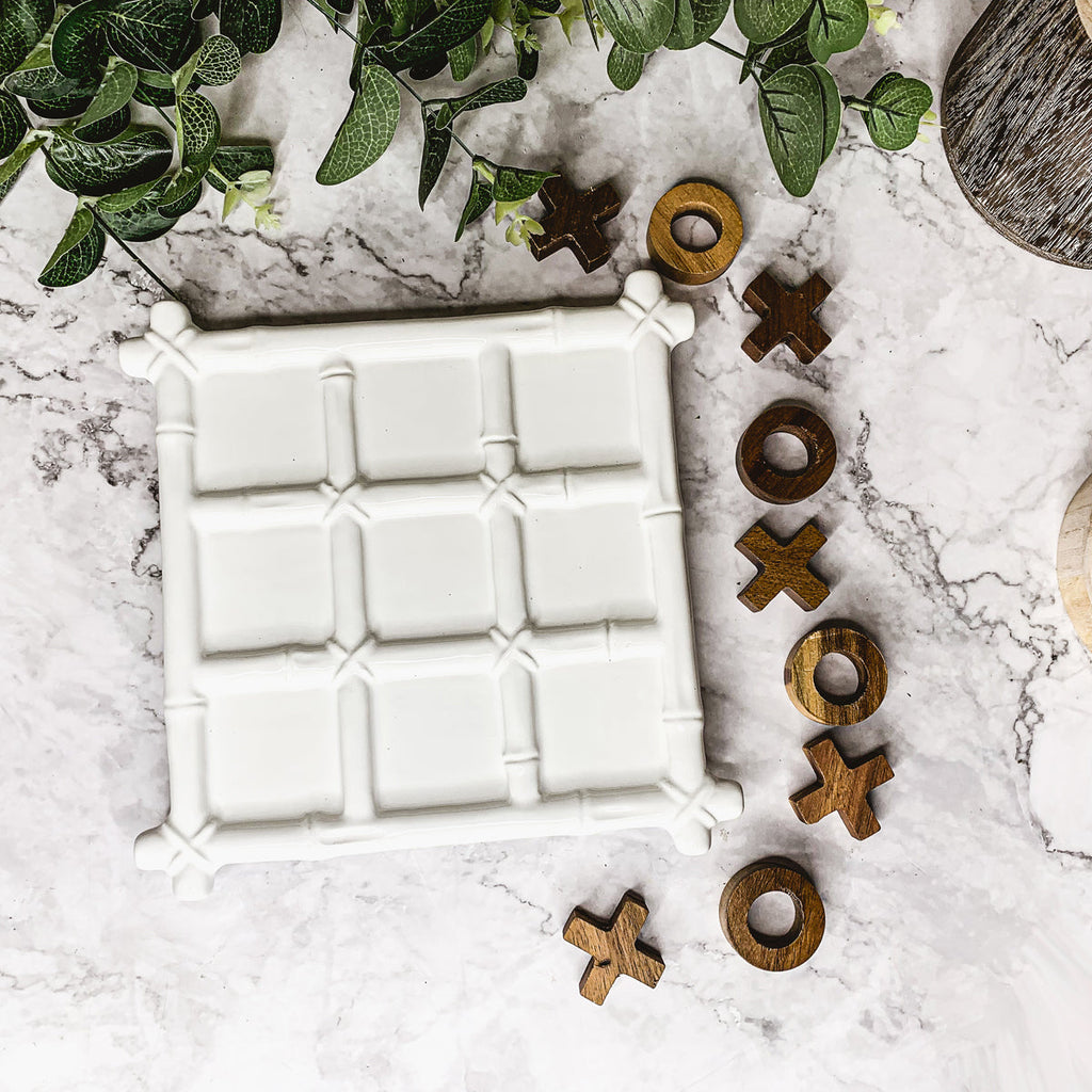 Ceramic Tic Tac Toe Game Faux Bamboo Board With Acacia Wood Pieces, Decor