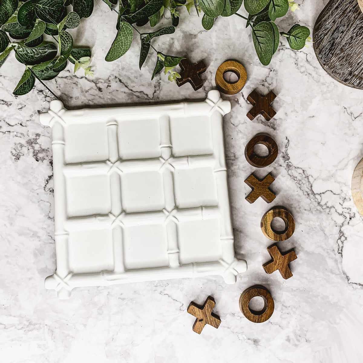 Ceramic Tic Tac Toe Game Faux Bamboo Board With Acacia Wood Pieces, Decor