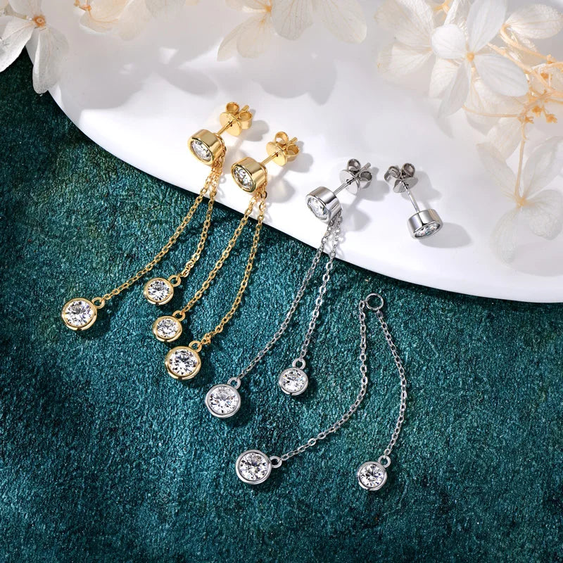 Certified Moissanite Tassel Stud Earrings 925 Sterling Silver Chain Pendant BandsCo Straps