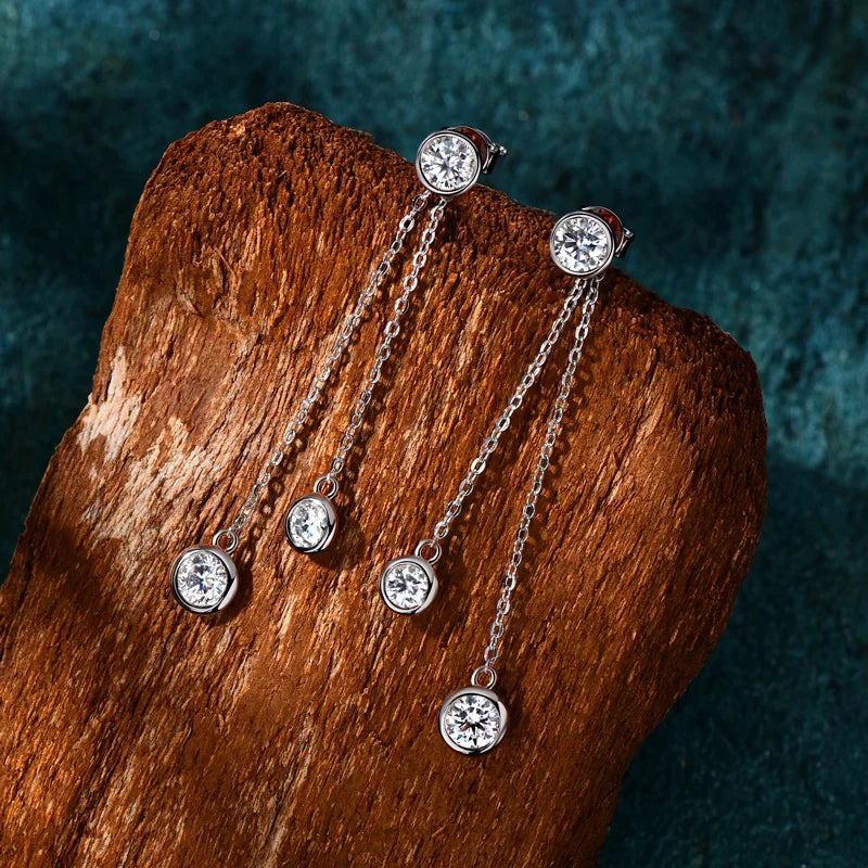 Certified Moissanite Tassel Stud Earrings 925 Sterling Silver Chain Pendant BandsCo Straps