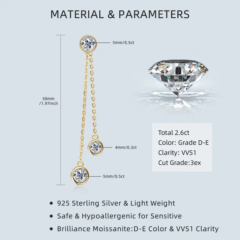Certified Moissanite Tassel Stud Earrings 925 Sterling Silver Chain Pendant BandsCo Straps