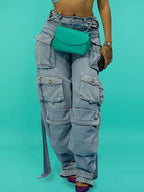 Plus Size Daily Light Blue Spring Summer Pocket Cargo Denim Jeans High Street Harajuku High Waist Casual Loose Denim Trousers Purplish Diva