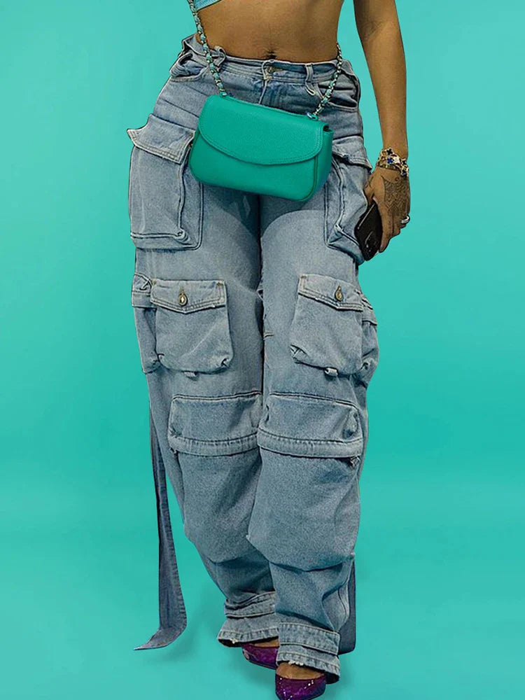 Plus Size Daily Light Blue Spring Summer Pocket Cargo Denim Jeans High Street Harajuku High Waist Casual Loose Denim Trousers Purplish Diva