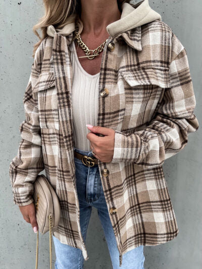 Vintage Retro Style Women Camel Plaid Button Up Jacket with Removable Hood Classic & Cozy Everyday Wear Stevvex