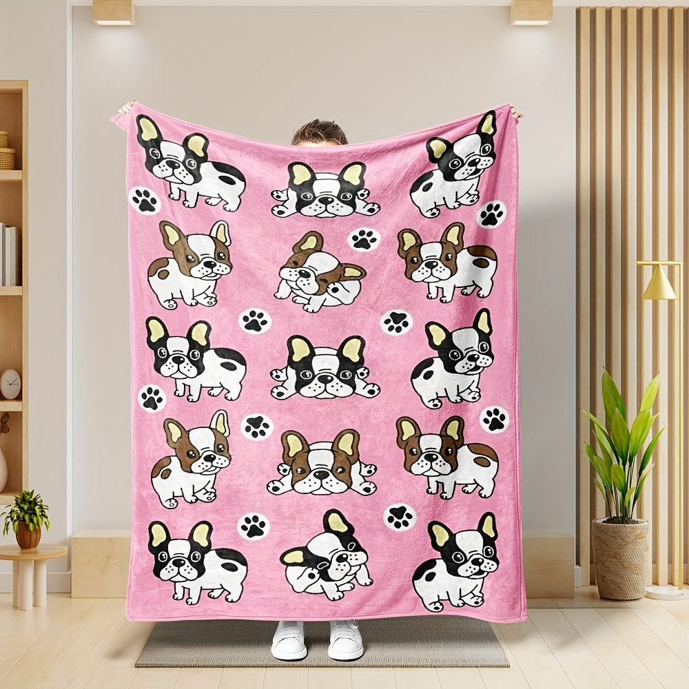 1pc Cute French Bulldog Pattern Flannel Throw Blanket, Modern Polyester Rectangular Blanket For Multiple Use, Traditional Style, Soft & Cozy For Home Decor Lootquake LLC