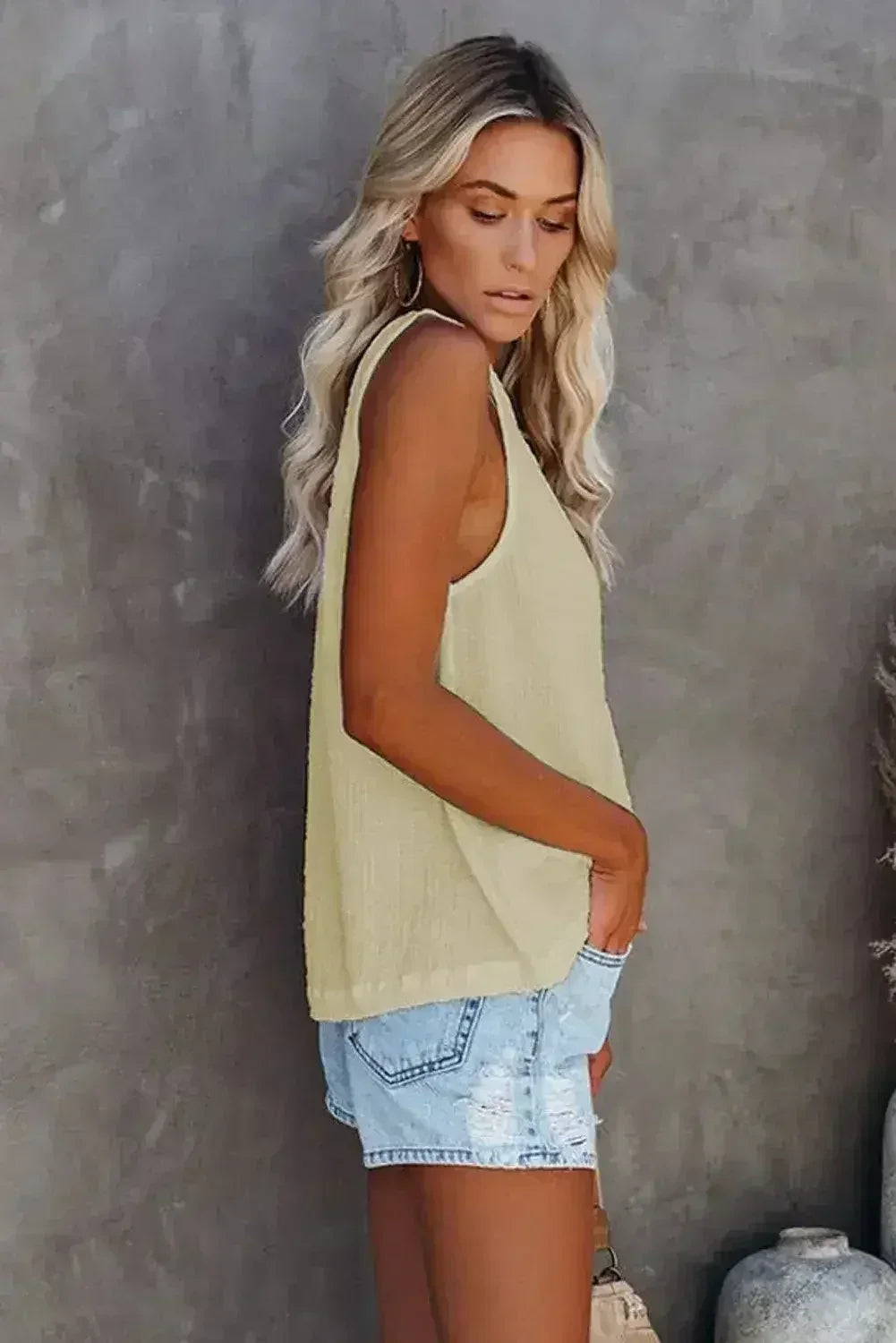 Button Textured Cotton Tank Top - SJB-DIAMOND ELITES
