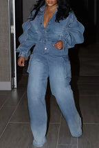 Women's Denim Cargo Jumpsuit Puff Sleeve Zipper Lantern Sleeve Jeans Harajuku Plus Size Casual Pockets Rompers Overall Outfit Purplish Diva