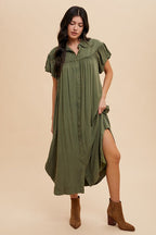 Mineral Washed Button Down Puff Sleeve Shirt Dress For Women – Fluttering, Fashionable Button Down Dress with Puff Sleeves, Mineral Wash for an Effortlessly Chic Look