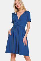 Surplice Short Sleeve Brushed DTY Dress – Elegant, Stylish Surplice Neckline, Soft Brushed Fabric, Comfortable All-Day Wear Stevvex
