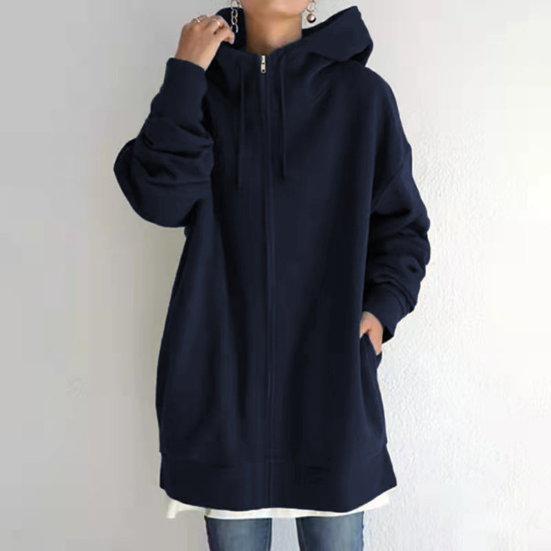 Zipper Hooded Long Plus Fleece Sweatshirt Pi-Mart