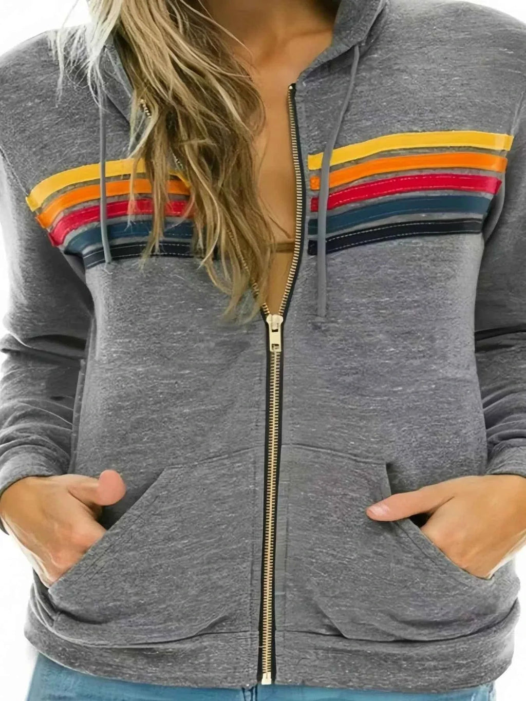Full Size Striped Zip-Up Hoodie Plus Size THRIXINE
