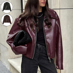 Solid Color Lapel Zipper Jacket Fashion Casual Long Sleeve Leather Coat Tops Women Clothing Pi-Mart