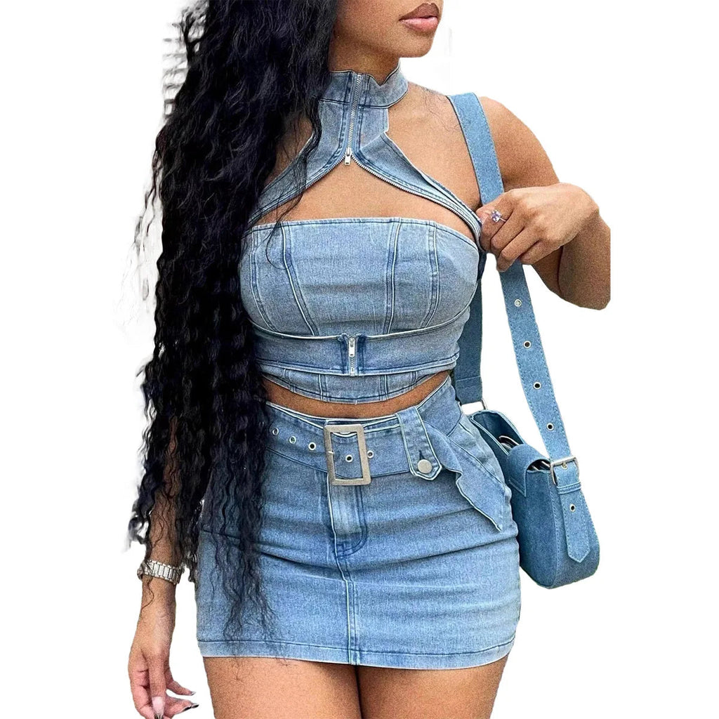 Denim Dress Sets Mini Wrap Buttocks Dress Slim Sheath Solid Two Pieces Sashes Sexy Pullover Tops Washed High Street Spliced Purplish Diva