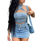 Denim Dress Sets Mini Wrap Buttocks Dress Slim Sheath Solid Two Pieces Sashes Sexy Pullover Tops Washed High Street Spliced Purplish Diva
