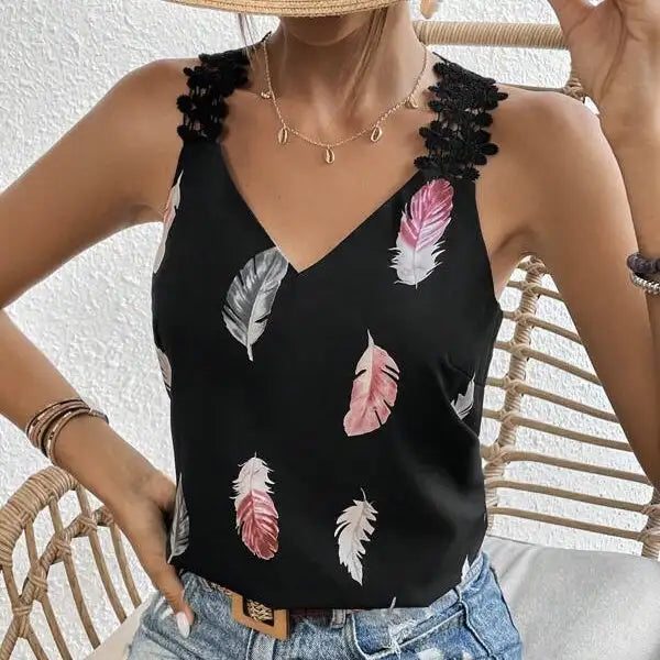 Women's Printed Feather Pattern Design V-neck Fashionable Slimming Camisole Vest - SJB-DIAMOND ELITES