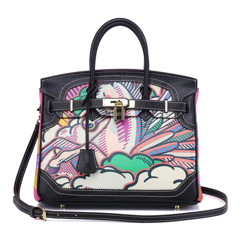 Custom Graffiti Lace Platinum Genuine Leather Handbag Pi-Mart