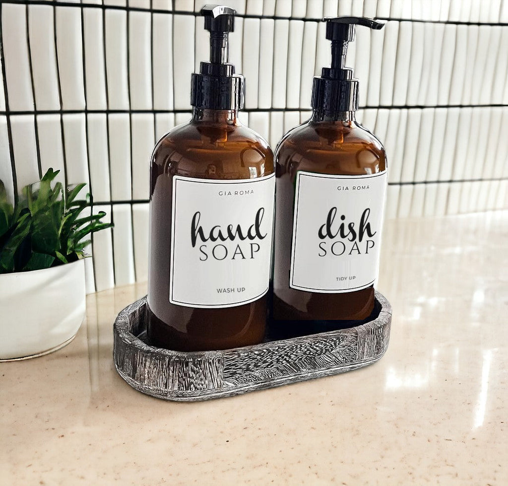 Handmade Rustic Wood Tray For Two 16oz Dispensers And Vanity Countertop Tray BandsCo Straps