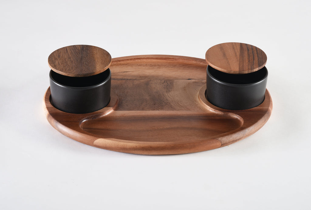 Charcuterie Serving Board 12x15 With 2 Black Ceramic Bowls And Acacia Wood Lids BandsCo Straps