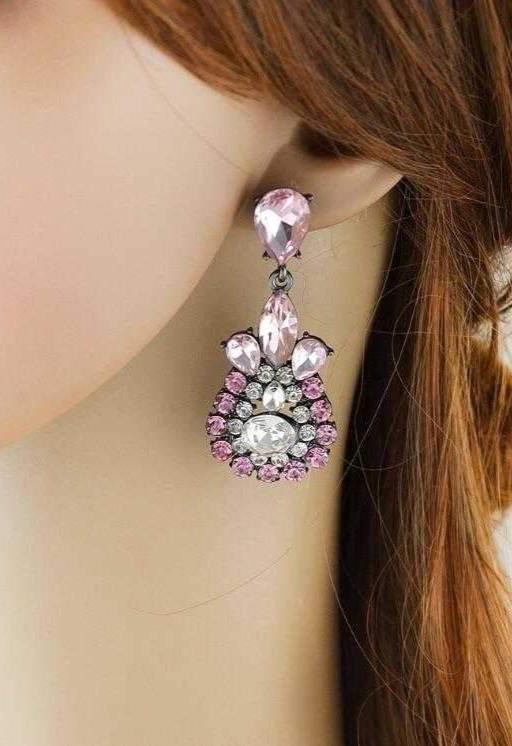Sparkling Pink Teardrop Dangle Earrings With Crystals