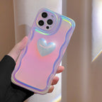 Charming Heart Wavy Case For iPhone 11 12 13 14 Pro Max XS Max XR X Holographic Rainbow Soft Air Cushion Shockproof Cover Reflection Purple Pink Case for iPhone Gradient Back Cover Stevvex