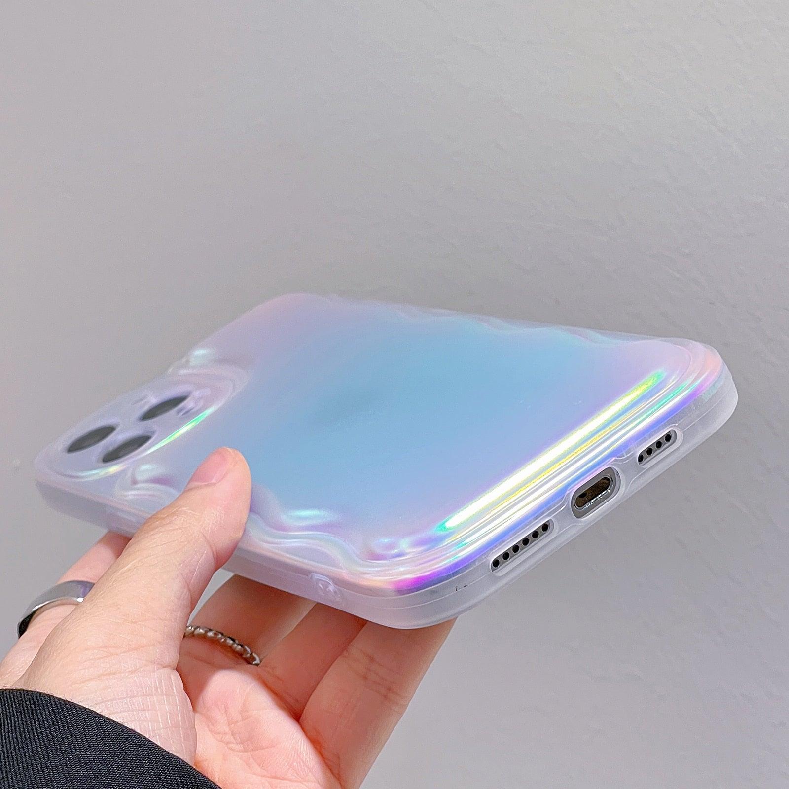 Charming Heart Wavy Case For iPhone 11 12 13 14 Pro Max XS Max XR X Holographic Rainbow Soft Air Cushion Shockproof Cover Reflection Purple Pink Case for iPhone Gradient Back Cover Stevvex