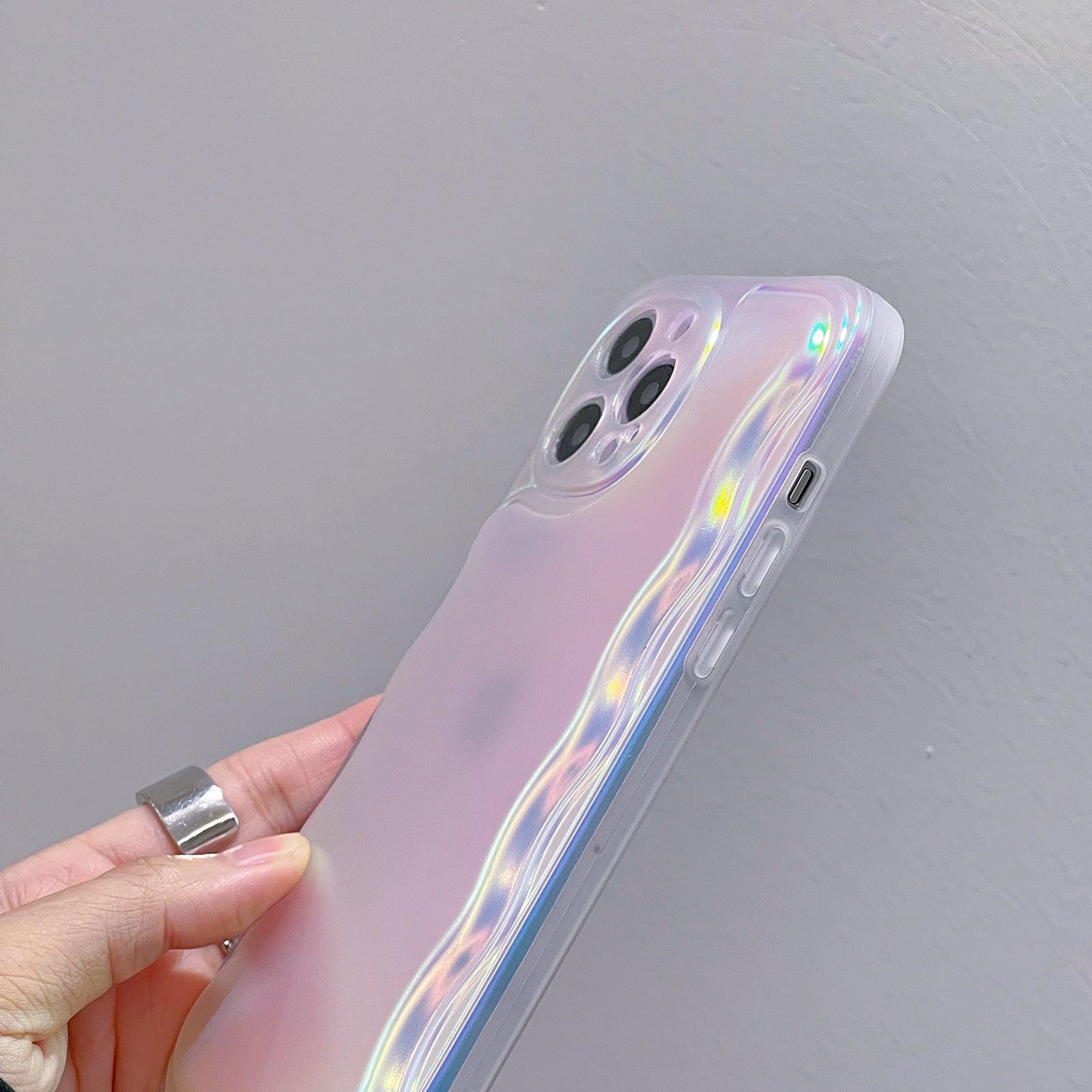 Charming Heart Wavy Case For iPhone 11 12 13 14 Pro Max XS Max XR X Holographic Rainbow Soft Air Cushion Shockproof Cover Reflection Purple Pink Case for iPhone Gradient Back Cover Stevvex
