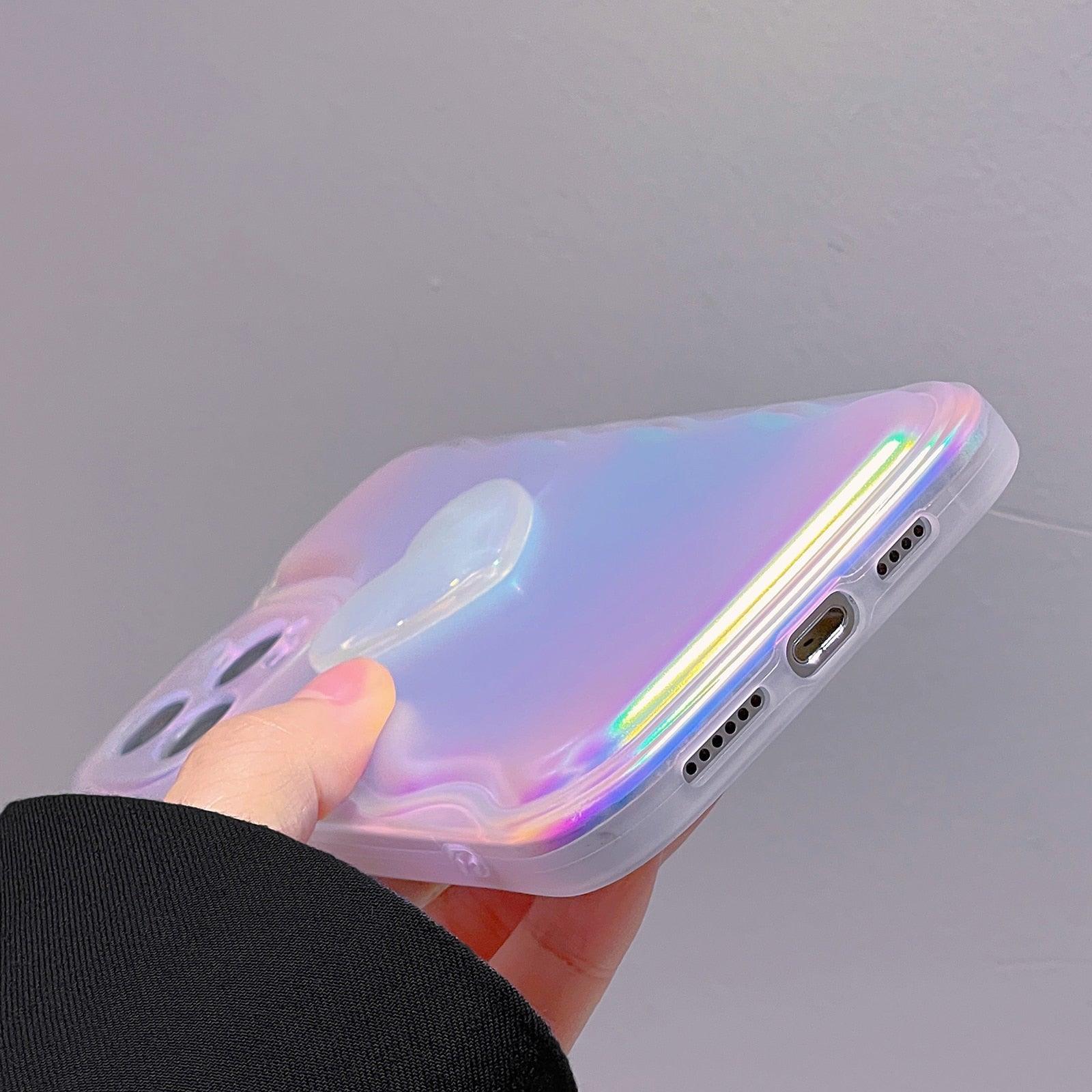 Charming Heart Wavy Case For iPhone 11 12 13 14 Pro Max XS Max XR X Holographic Rainbow Soft Air Cushion Shockproof Cover Reflection Purple Pink Case for iPhone Gradient Back Cover Stevvex
