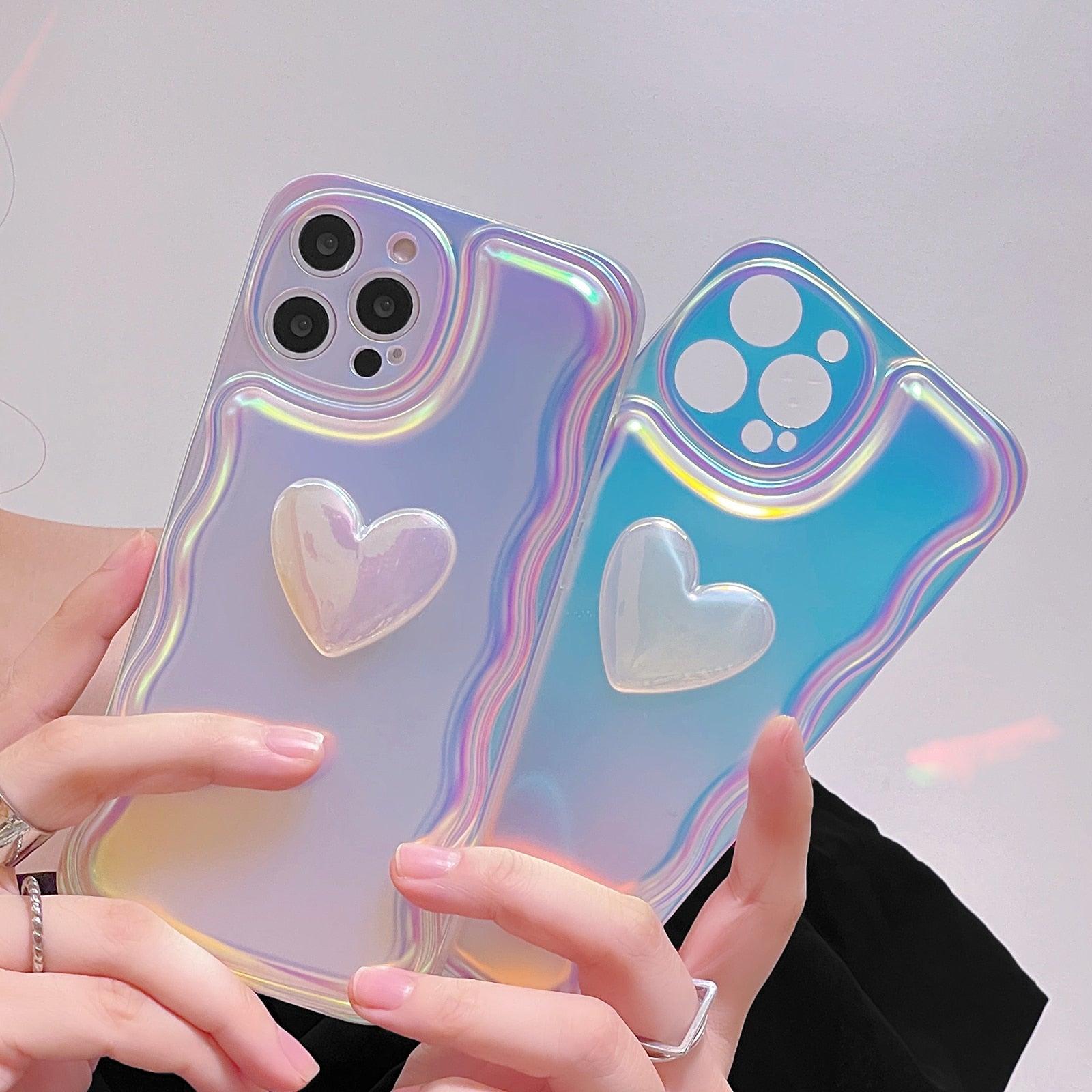 Charming Heart Wavy Case For iPhone 11 12 13 14 Pro Max XS Max XR X Holographic Rainbow Soft Air Cushion Shockproof Cover Reflection Purple Pink Case for iPhone Gradient Back Cover Stevvex