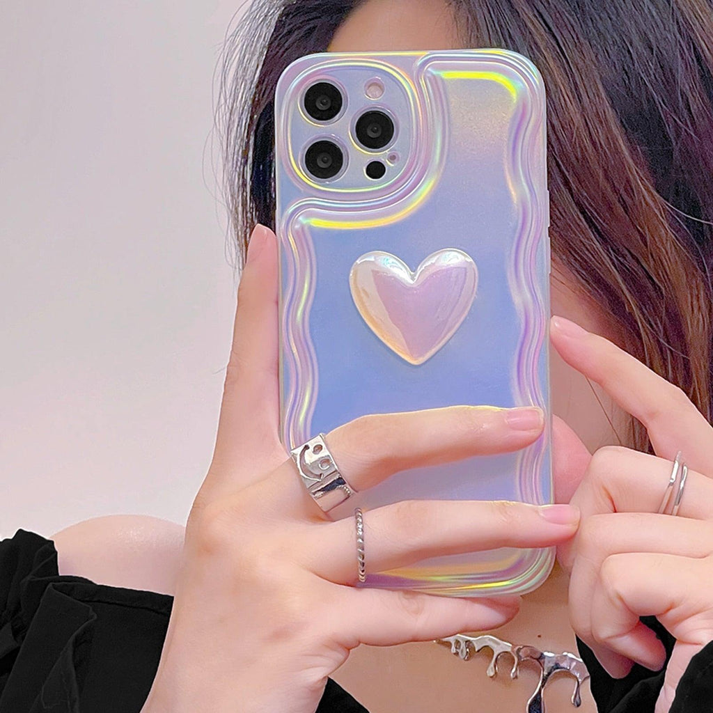 Charming Heart Wavy Case For iPhone 11 12 13 14 Pro Max XS Max XR X Holographic Rainbow Soft Air Cushion Shockproof Cover Reflection Purple Pink Case for iPhone Gradient Back Cover Stevvex