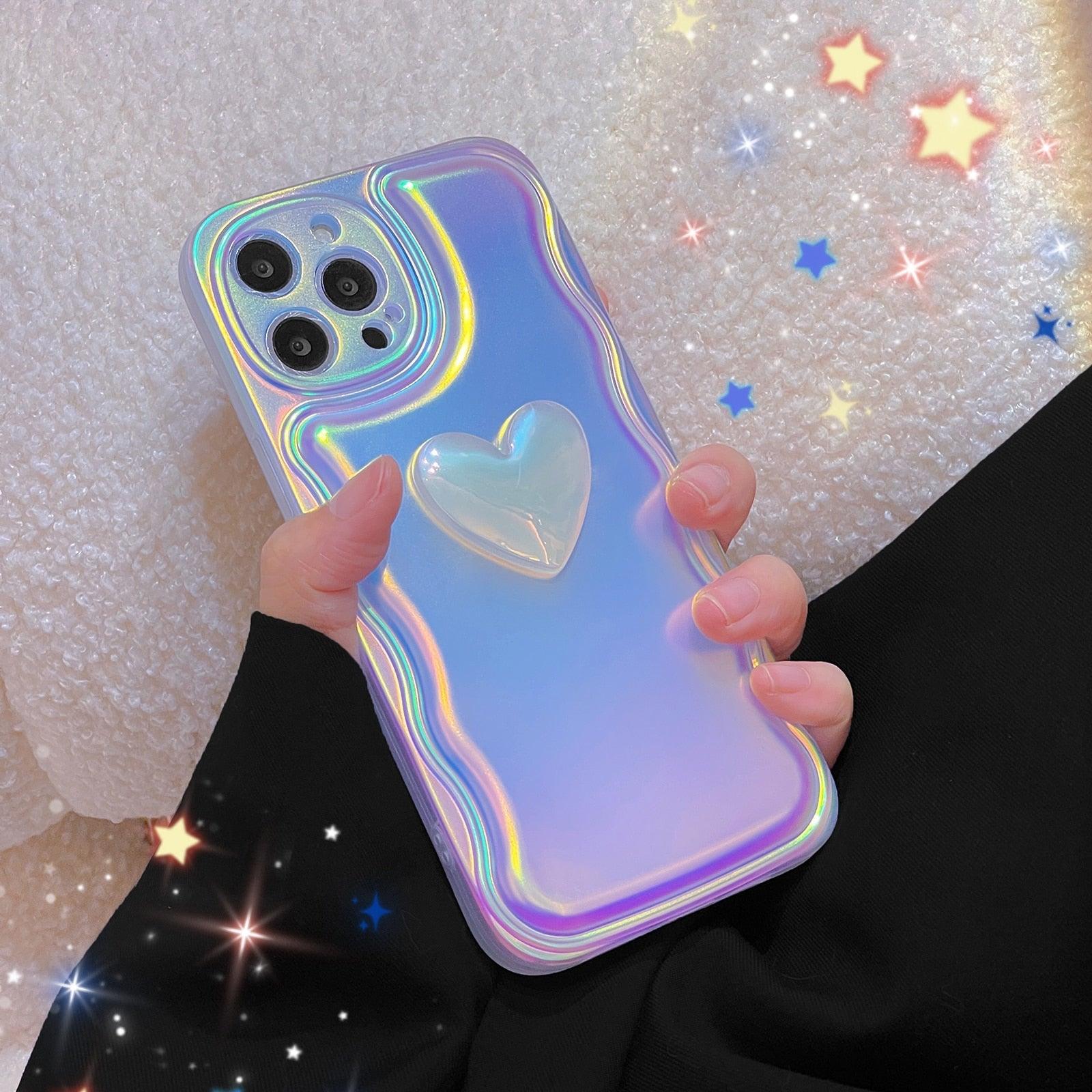 Charming Heart Wavy Case For iPhone 11 12 13 14 Pro Max XS Max XR X Holographic Rainbow Soft Air Cushion Shockproof Cover Reflection Purple Pink Case for iPhone Gradient Back Cover Stevvex