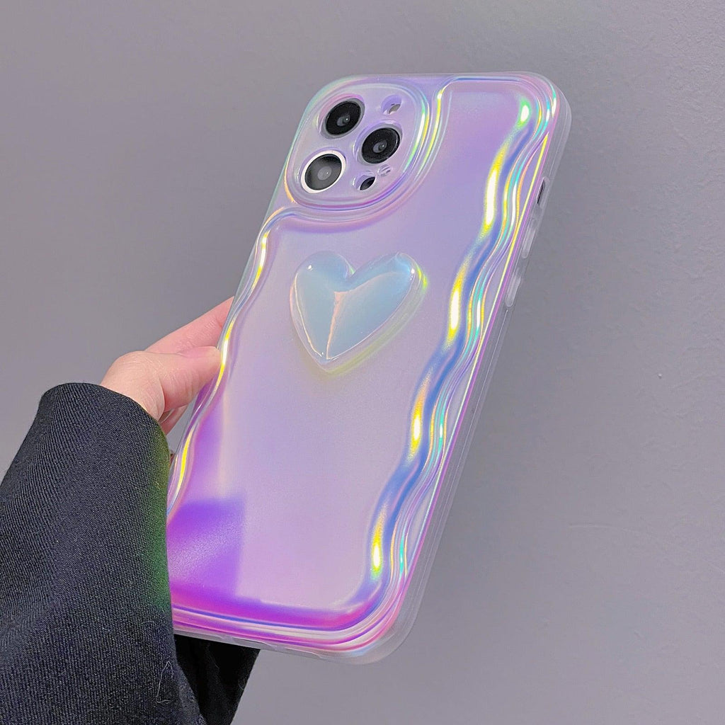 Charming Heart Wavy Case For iPhone 11 12 13 14 Pro Max XS Max XR X Holographic Rainbow Soft Air Cushion Shockproof Cover Reflection Purple Pink Case for iPhone Gradient Back Cover Stevvex