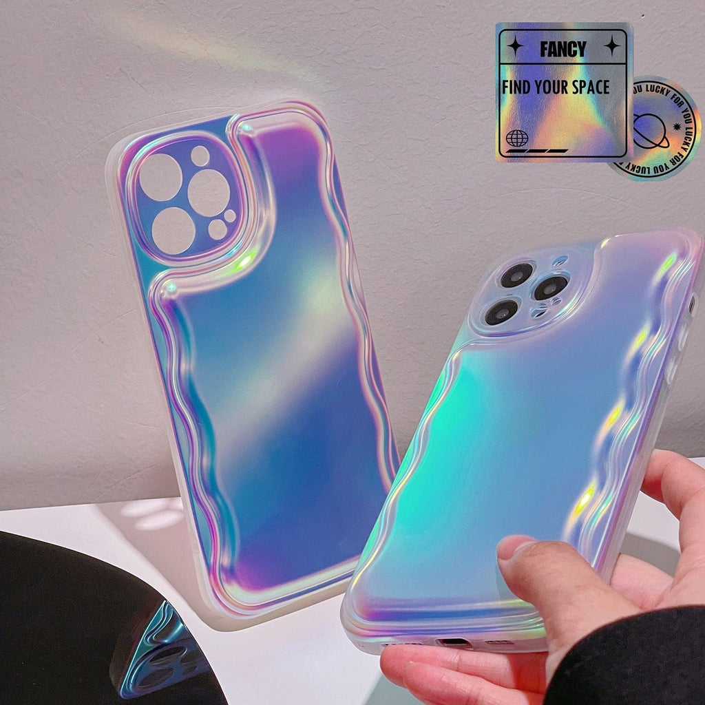 Charming Heart Wavy Case For iPhone 11 12 13 14 Pro Max XS Max XR X Holographic Rainbow Soft Air Cushion Shockproof Cover Reflection Purple Pink Case for iPhone Gradient Back Cover Stevvex