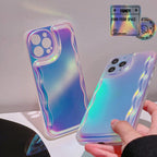 Charming Heart Wavy Case For iPhone 11 12 13 14 Pro Max XS Max XR X Holographic Rainbow Soft Air Cushion Shockproof Cover Reflection Purple Pink Case for iPhone Gradient Back Cover Stevvex