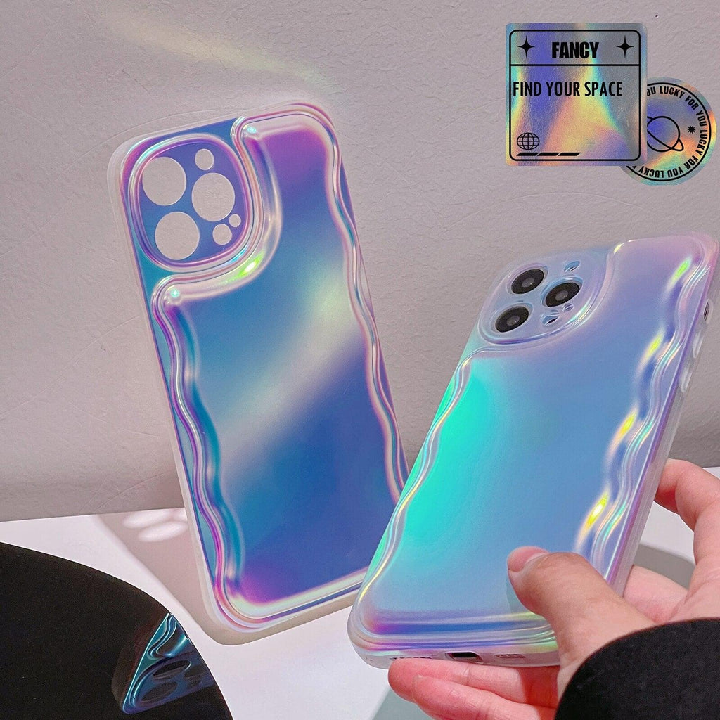Charming Heart Wavy Case For iPhone 11 12 13 14 Pro Max XS Max XR X Holographic Rainbow Soft Air Cushion Shockproof Cover Reflection Purple Pink Case for iPhone Gradient Back Cover Stevvex