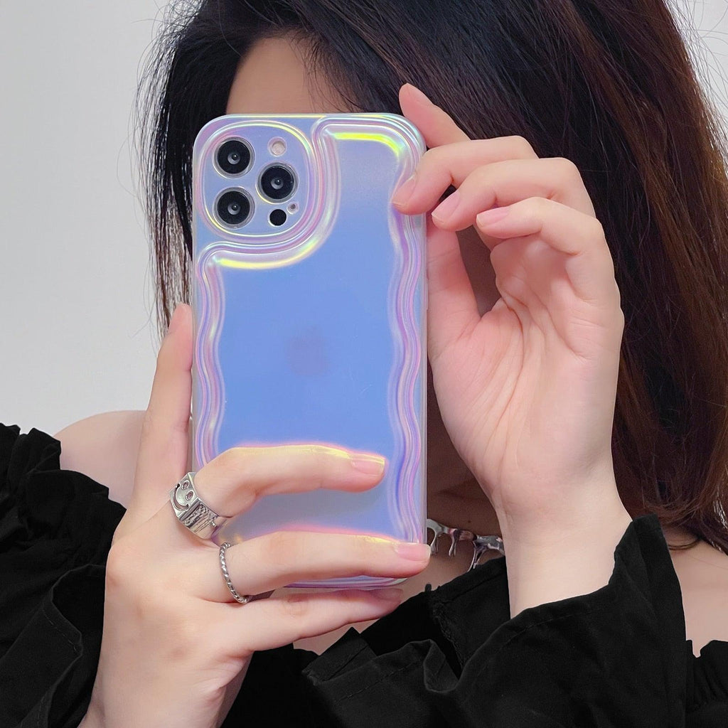 Charming Heart Wavy Case For iPhone 11 12 13 14 Pro Max XS Max XR X Holographic Rainbow Soft Air Cushion Shockproof Cover Reflection Purple Pink Case for iPhone Gradient Back Cover Stevvex