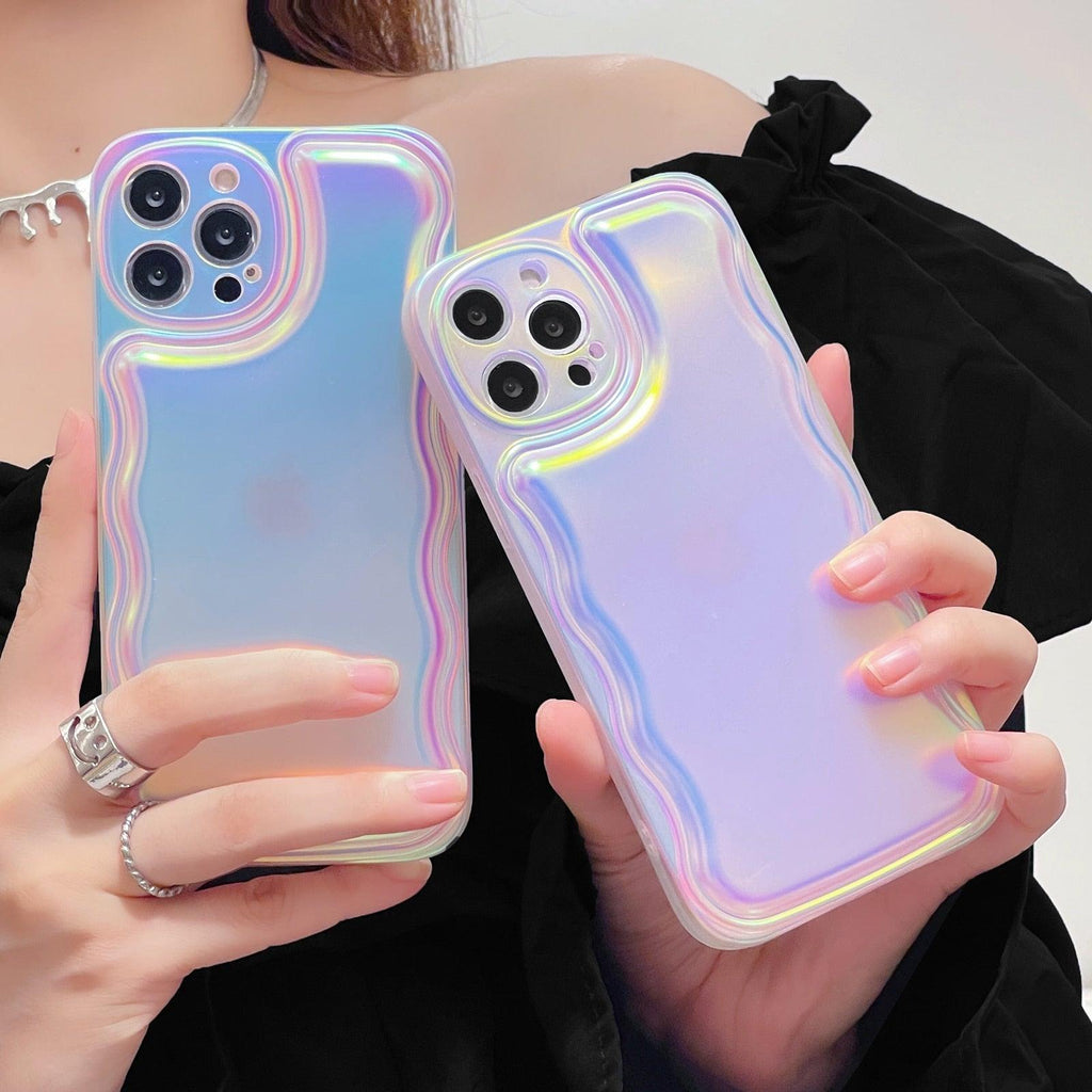 Charming Heart Wavy Case For iPhone 11 12 13 14 Pro Max XS Max XR X Holographic Rainbow Soft Air Cushion Shockproof Cover Reflection Purple Pink Case for iPhone Gradient Back Cover Stevvex