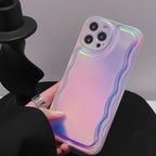 Charming Heart Wavy Case For iPhone 11 12 13 14 Pro Max XS Max XR X Holographic Rainbow Soft Air Cushion Shockproof Cover Reflection Purple Pink Case for iPhone Gradient Back Cover Stevvex