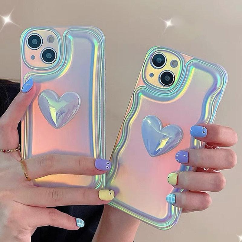 Charming Heart Wavy Case For iPhone 11 12 13 14 Pro Max XS Max XR X Holographic Rainbow Soft Air Cushion Shockproof Cover Reflection Purple Pink Case for iPhone Gradient Back Cover Stevvex