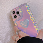 Charming Heart Wavy Case For iPhone 11 12 13 14 Pro Max XS Max XR X Holographic Rainbow Soft Air Cushion Shockproof Cover Reflection Purple Pink Case for iPhone Gradient Back Cover Stevvex