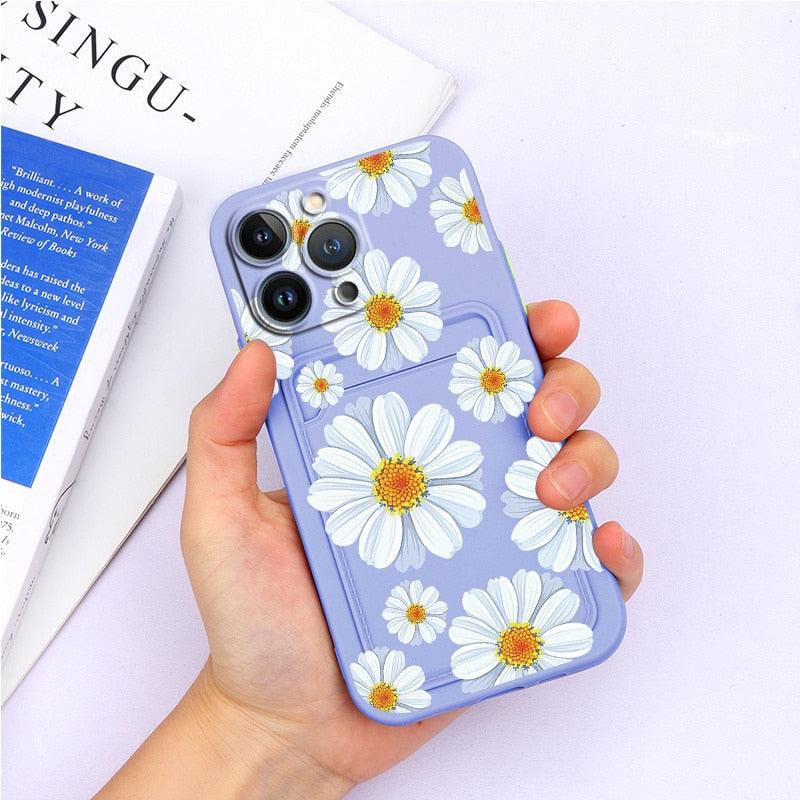 Charming Silicone Soft Anti-Scratch Cases For iPhone 13 Pro Max Case Silicone Wallet Card Holder Cover For iPhone 13 Mini 13ProMax 13Pro Flower Butterfly Beautiful Design Card Holder iPhone Case Stevvex