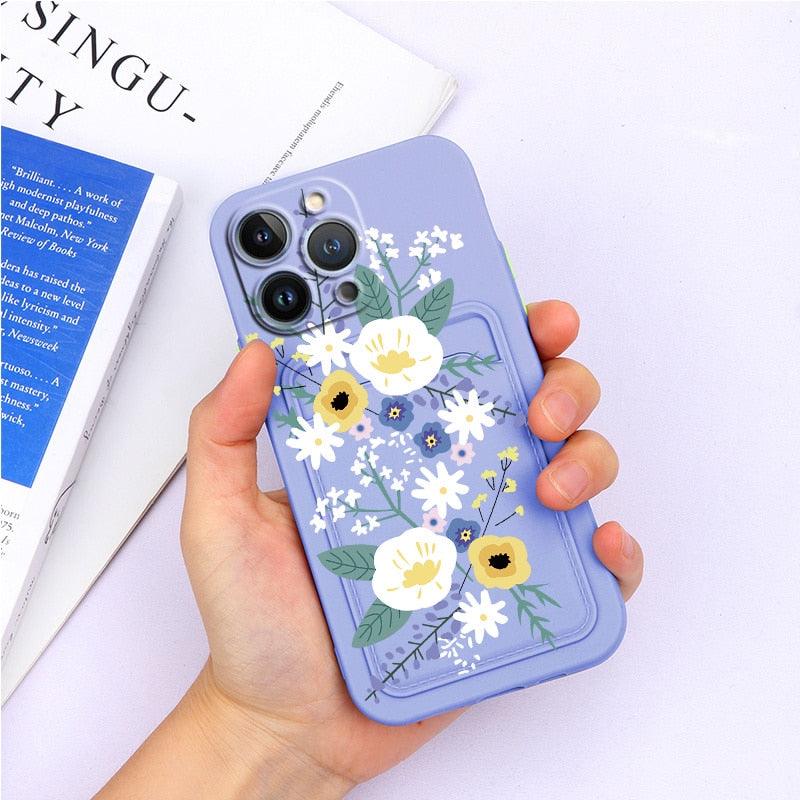 Charming Silicone Soft Anti-Scratch Cases For iPhone 13 Pro Max Case Silicone Wallet Card Holder Cover For iPhone 13 Mini 13ProMax 13Pro Flower Butterfly Beautiful Design Card Holder iPhone Case Stevvex