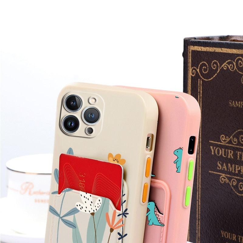 Charming Silicone Soft Anti-Scratch Cases For iPhone 13 Pro Max Case Silicone Wallet Card Holder Cover For iPhone 13 Mini 13ProMax 13Pro Flower Butterfly Beautiful Design Card Holder iPhone Case Stevvex