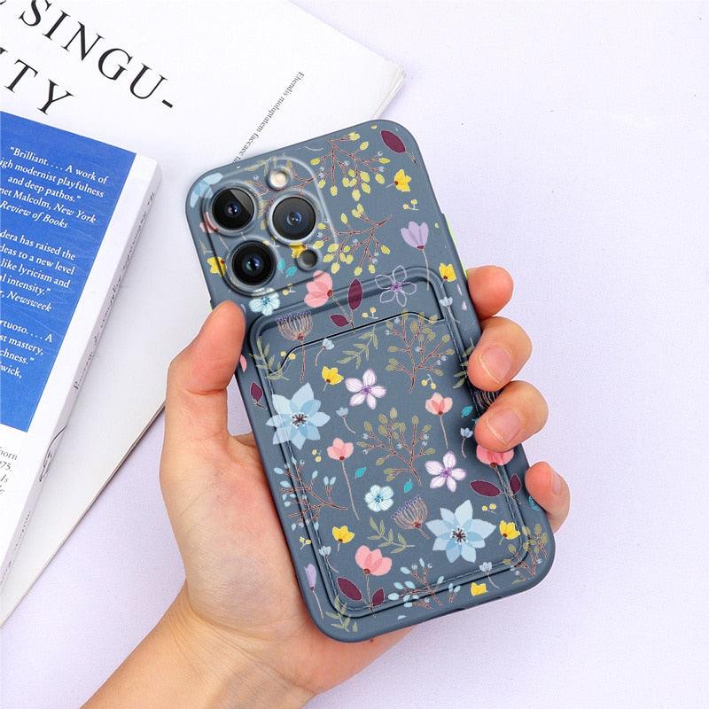 Charming Silicone Soft Anti-Scratch Cases For iPhone 13 Pro Max Case Silicone Wallet Card Holder Cover For iPhone 13 Mini 13ProMax 13Pro Flower Butterfly Beautiful Design Card Holder iPhone Case Stevvex