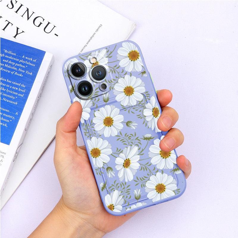 Charming Silicone Soft Anti-Scratch Cases For iPhone 13 Pro Max Case Silicone Wallet Card Holder Cover For iPhone 13 Mini 13ProMax 13Pro Flower Butterfly Beautiful Design Card Holder iPhone Case Stevvex