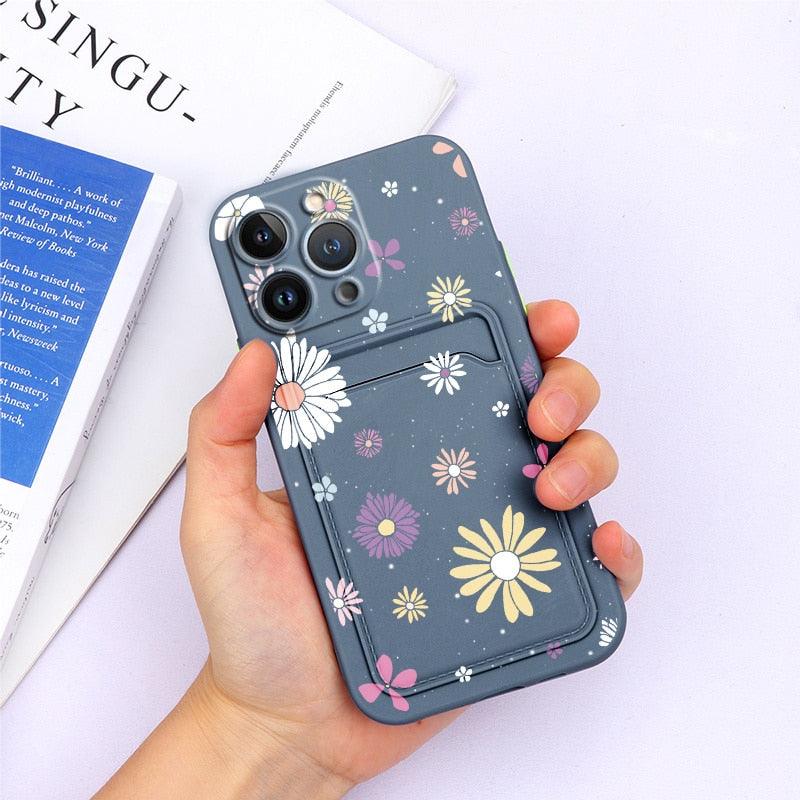 Charming Silicone Soft Anti-Scratch Cases For iPhone 13 Pro Max Case Silicone Wallet Card Holder Cover For iPhone 13 Mini 13ProMax 13Pro Flower Butterfly Beautiful Design Card Holder iPhone Case Stevvex