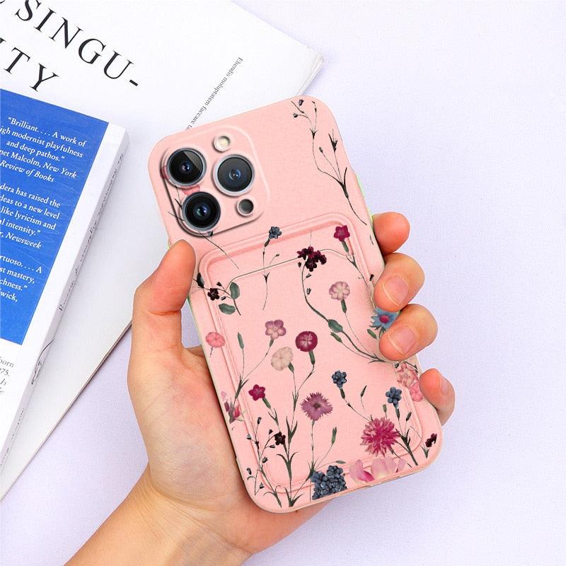 Charming Silicone Soft Anti-Scratch Cases For iPhone 13 Pro Max Case Silicone Wallet Card Holder Cover For iPhone 13 Mini 13ProMax 13Pro Flower Butterfly Beautiful Design Card Holder iPhone Case Stevvex