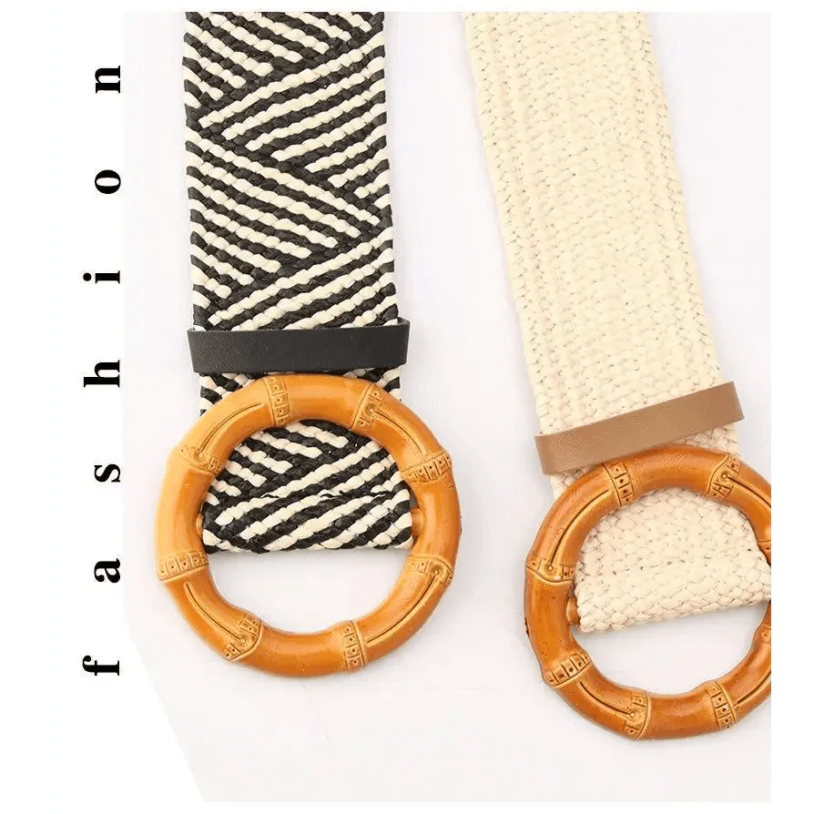 Charming Women Waist Belt Classic Round Wooden Buckle Casual Design Dress Women Buckle Waist Dress Band Stevvex