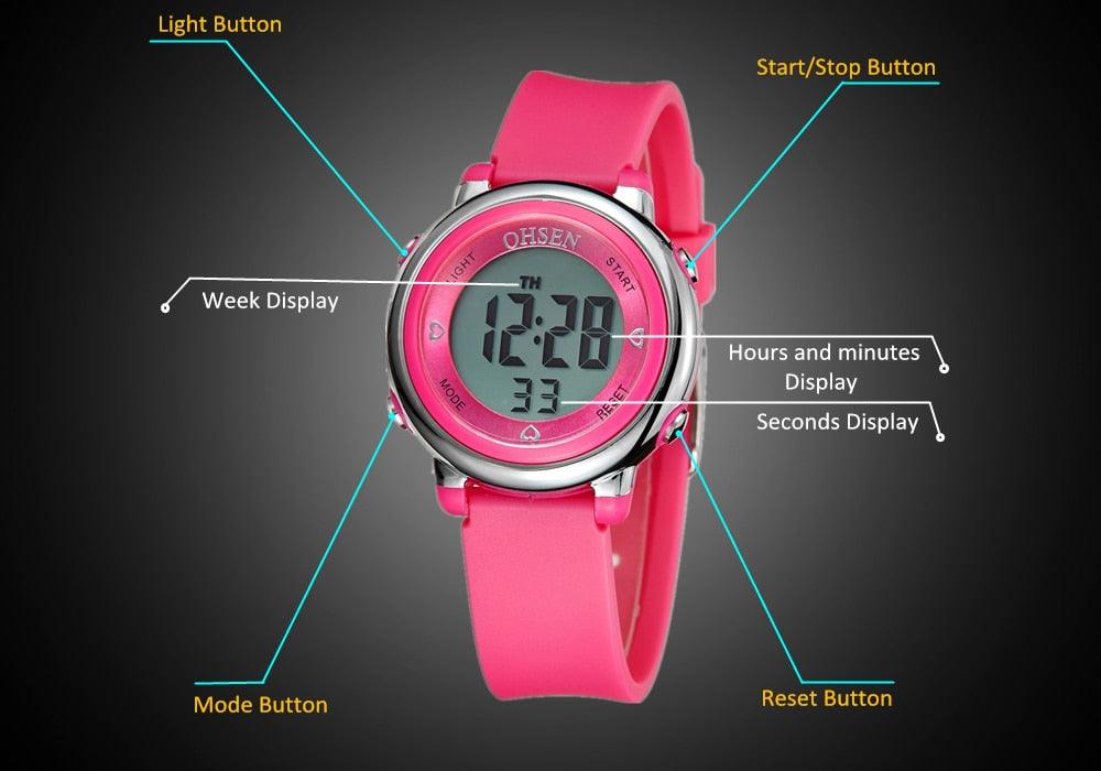 Children Digital LED Fashion Sport Watch Cute Wrist Watch Waterproof Kids Watch Sport Multi Function 50M Waterproof LED Alarm Stopwatch Digital Child Wristwatch For Boy Girl Stevvex