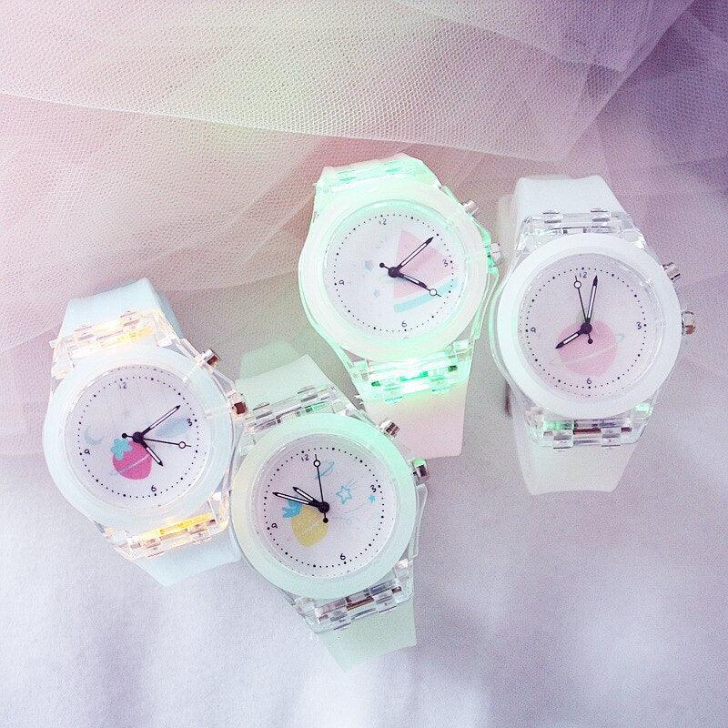 Children Silicone Strap Watches Electronic Colorful Light Source Child Watch Girls Birthday Party Gift Transparent Watchband New Fashion Small Fresh And Simple Girls Electronic Quartz Watch Stevvex